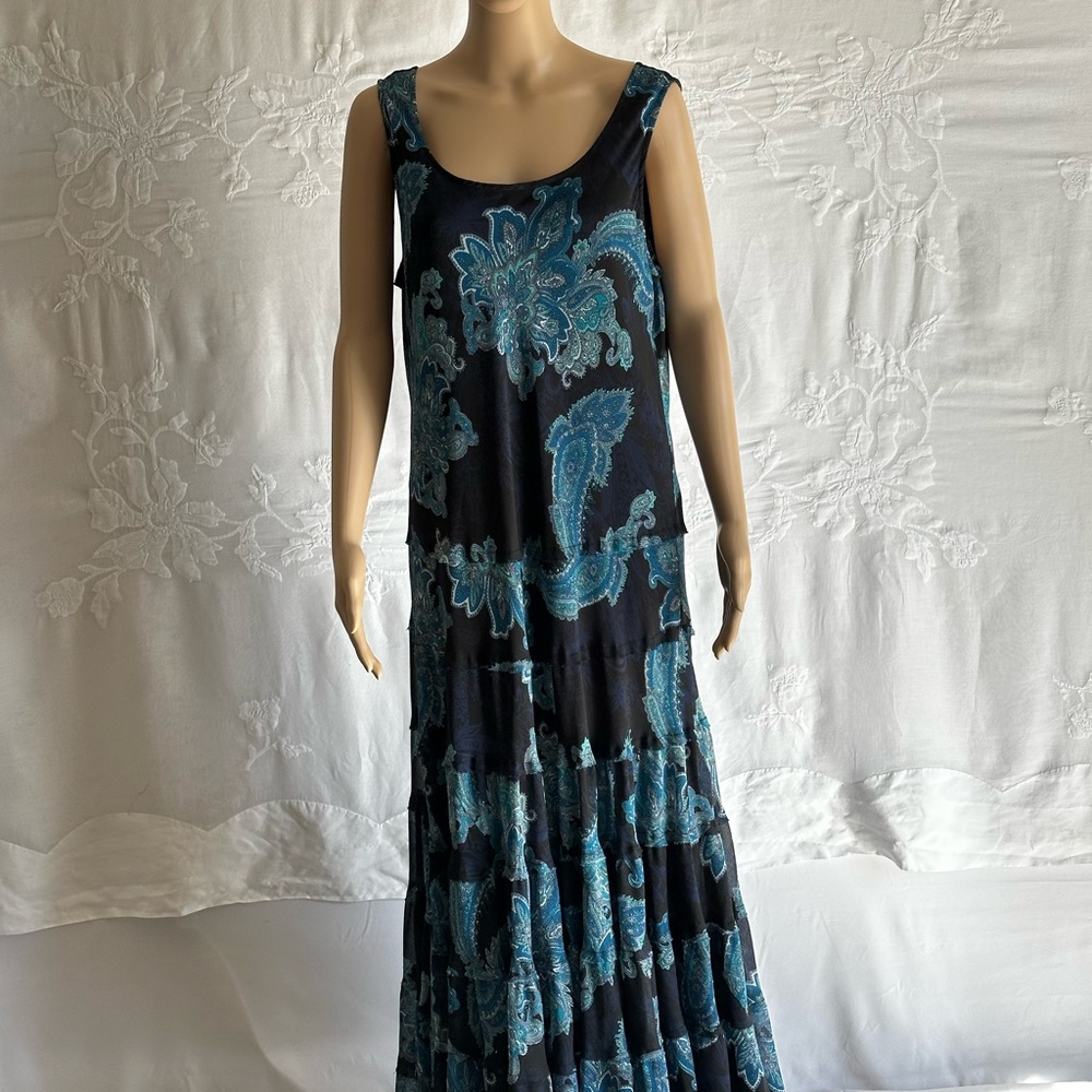 Chico's Black and Blue Paisley Maxi Dress, Boho, Flowy, Relaxed Fit Summer - Picture 11 of 13